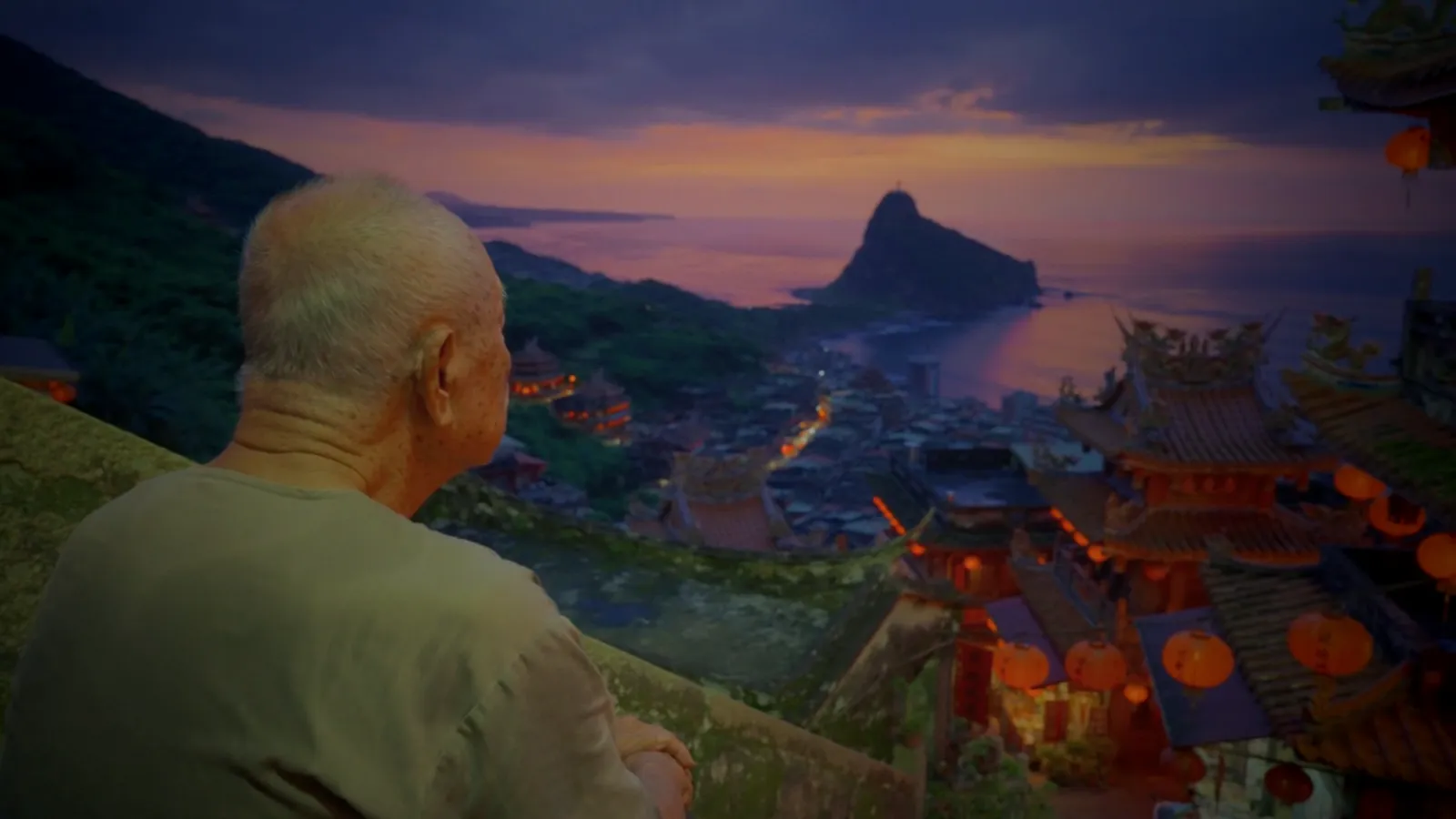 AI 生成的背影,望著海邊夕陽