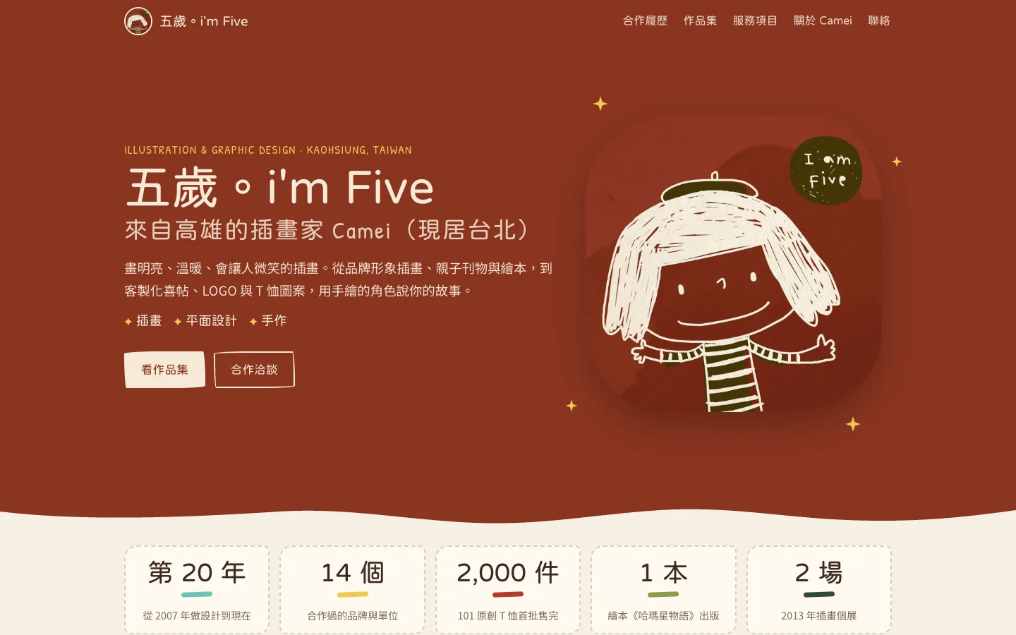 五歲。i'm Five 網站首頁,磚紅底上戴貝雷帽的女孩
